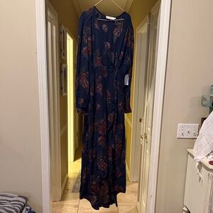 Astr Navy and Burgundy Floral Long Sleeve Dress